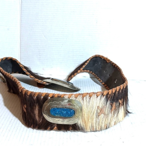 Vintage L 40 X3”  Silver and Blue leather / cowhide hair Western Belt